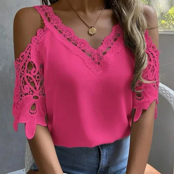 Boho Floral Lace Cold Shoulder Blouse - Picture 2 of 9